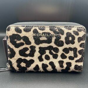 Michael Kors Leopard Print Zip Wallet - Black & Beige